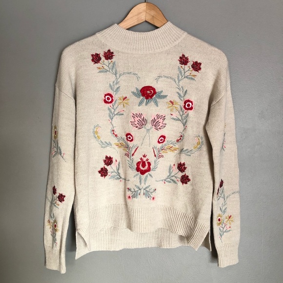 Wyld Heart Sweaters - Embroidered Floral Mock Neck Sweater